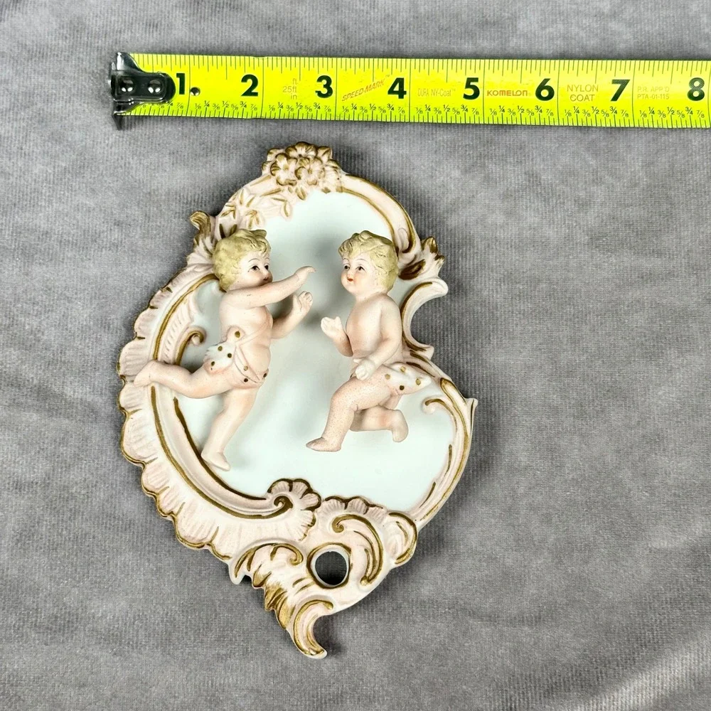 Vintage Lefton Porcelain Cherub Wall Decor Pink Gold Ornate Plaque Hand Painted